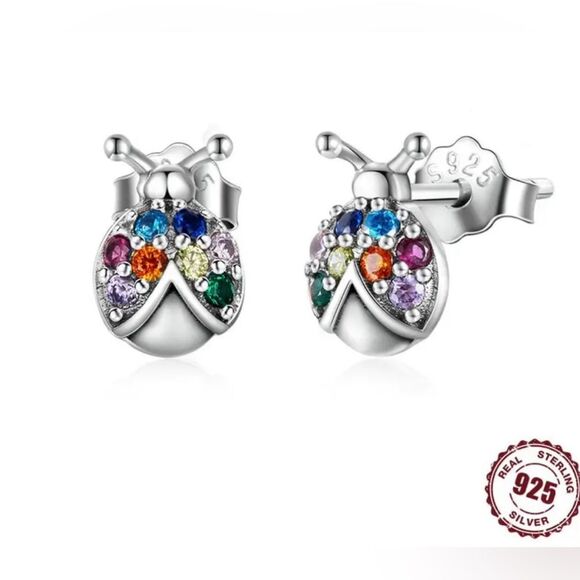 Lady Bug Zircon 925 Sterling Silver Multicolored Stud - Picture 1 of 5